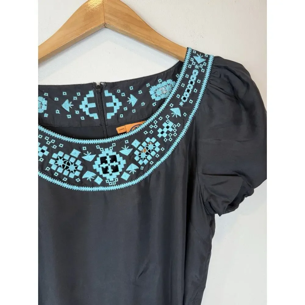 Tory Burch Lottie Size 4 Black Turquoise Embroidered Silk Tie Belt Shift Dress